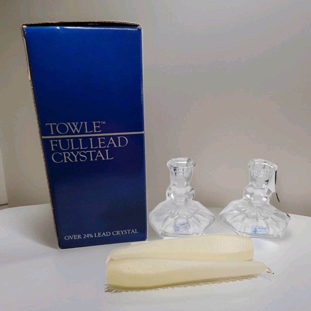 NEW Towle Full Lead Crystal Pair 3" Candleholders w/Candles & Box Austria #23241